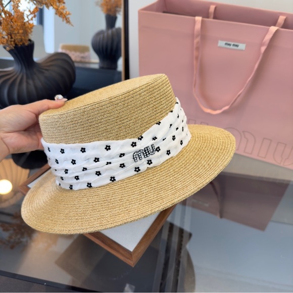 Meet the Posher Accessories - 🤎 Miu Miu Straw Boater – Natural w/ White Floral Band & Crystal Logo | NWT